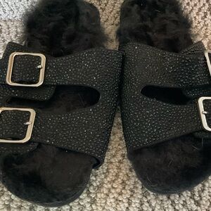 INC Rhinestone Black Furry Sandals with Buckles
